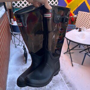 Hunter Fisherman Black Clear Buckle Rubber Tall Rain Outdoor Boots Shoes US 8